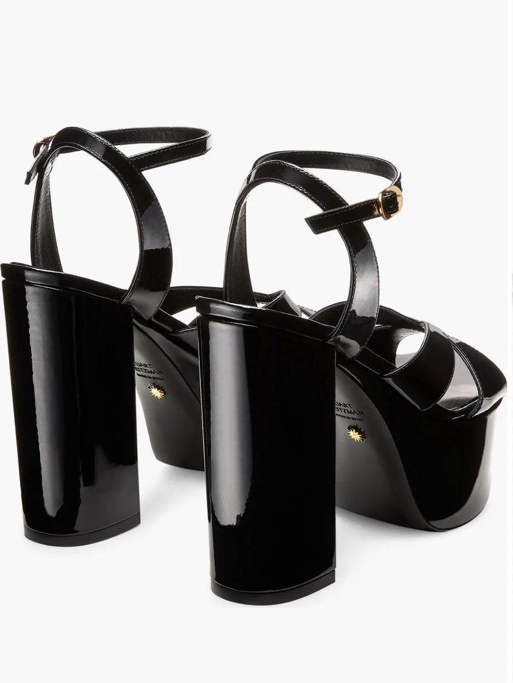 Stuart Weitzman Miami Black Patent Platform Sandal with Gold Buckle